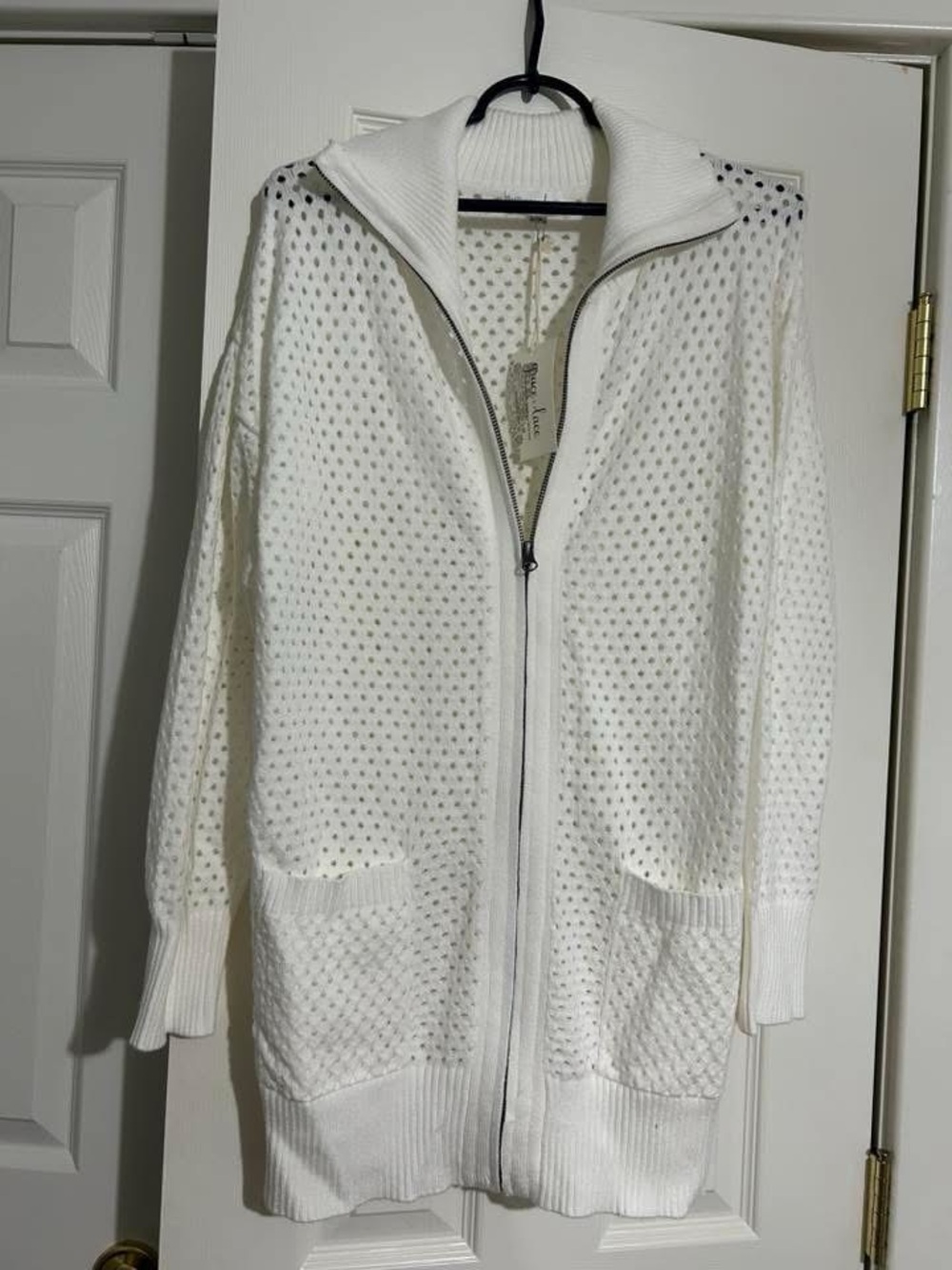 Grace & Lace White Open-Knit Zip Cardigan